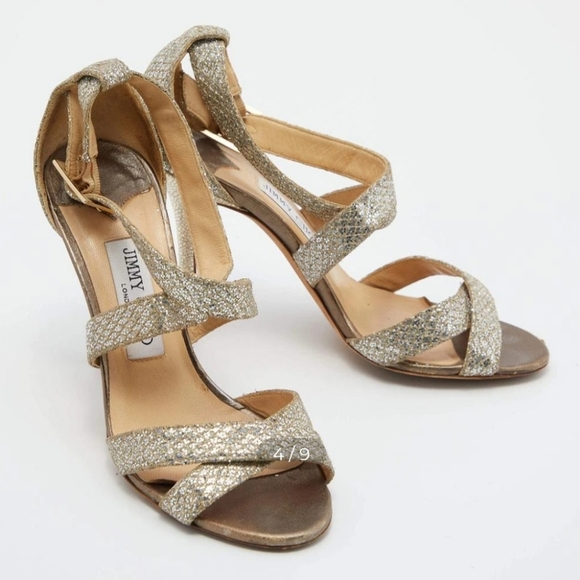 EUC Jimmy Choo Gold Glitter Louise Strappy Sandals Size 38.5 - Picture 1 of 10